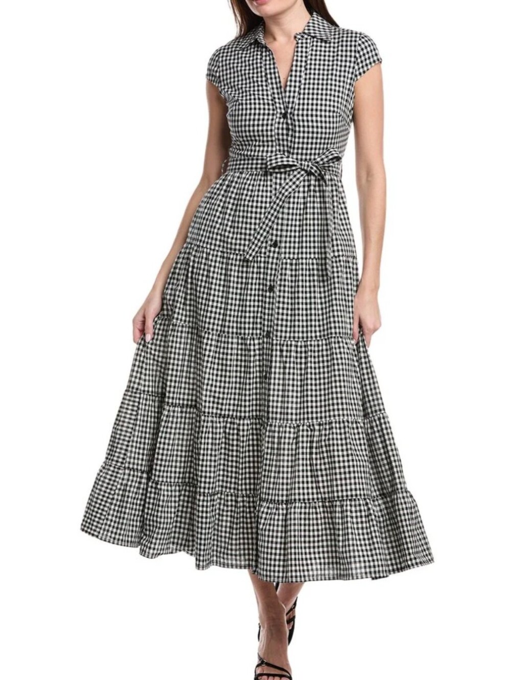 New Avec Les Filles Tie Waist Tiered Skirt Gingham Maxi Shirtdress 6